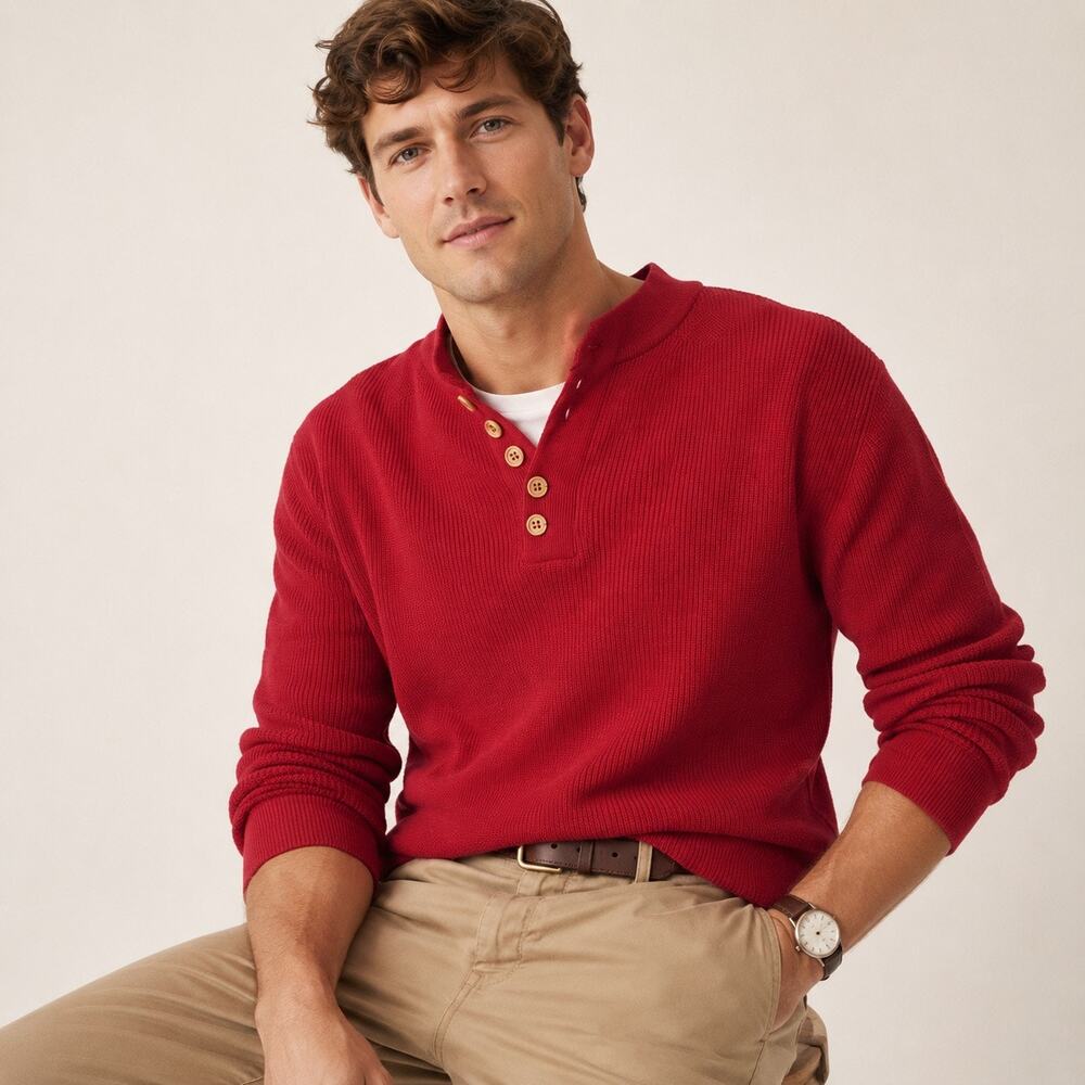 Vintage Eddie Bauer Button Fisherman Henley Chunky Cotton Sweater XLT